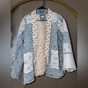 POL Blue and Cream Floral Jean Jacket